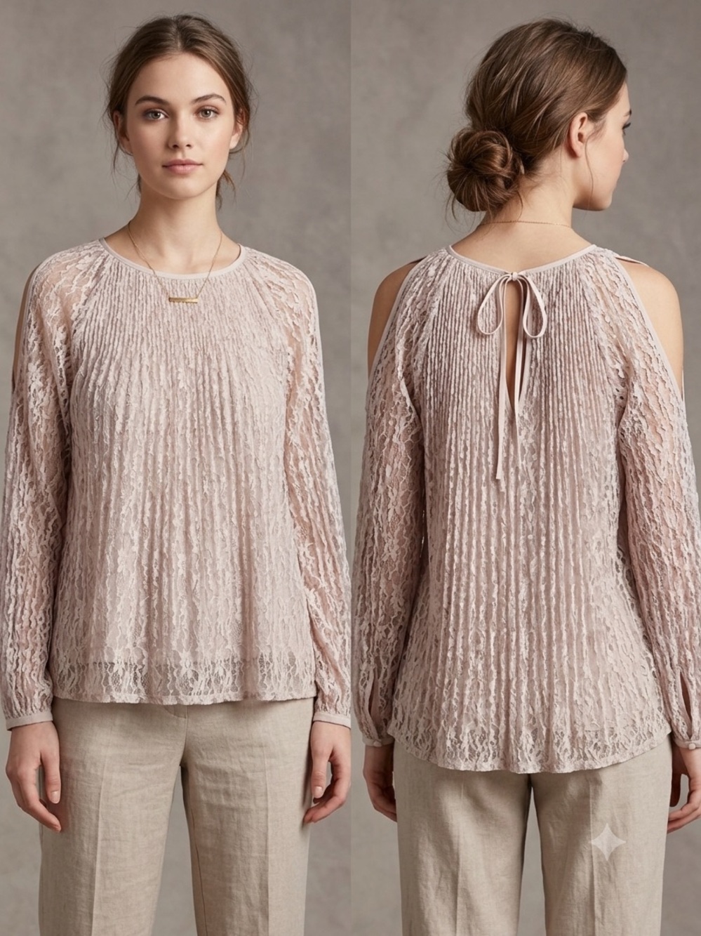 LC Lauren Conrad Pleated Lace Cold-Shoulder Blouse in Blush Pink - Picture 1 of 8